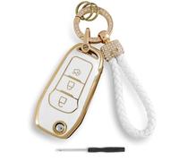 GLOUVDEYZ For Ford Fusions Fiesta Focus Galaxy Mustang S-Max KA Mondeo Puma Transit/Tourneo Connect Courier Custom TPU 3 Buttons Key Fob Cover (White) with Screwdriver and Diamond lanyard