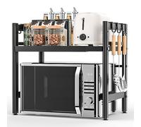 Glovios Expandable Microwave Shelf Standing Microwave Shelf for Kitchen Organiser Microwave Stand Kitchen Shelf Worktop Baker's Rack Microwave Holder with 6 Hooks (Black)