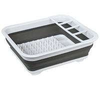 GLOW Collapsible Dish Drainer - Durable Compact Folding Portable Kitchen Sink Rack with Non Scratch Plate Grips and Cutlery Utensil Holders - Ideal for Home, Camping, Caravan & Travelling (Grey/White)