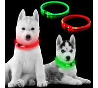 Glow Fetch It (2 Pack) 360 LED Light Up Dog Collar Rechargeable 3 Modes Pet Safety Lights Necklace for Night Walking TPU Reusable Universal Adjustable Cut to Fit Small, Med, Large (2 Pack Red+Green)