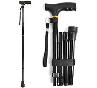 GLOW Folding Walking Stick - Easy Reliable Height Adjustable Unisex Mobility Aid - Lightweight Black Durable Extendable Cane (82-92cm) Quick Assembly Wrist Strap Comfortable Grip Handle Non-Slip Base