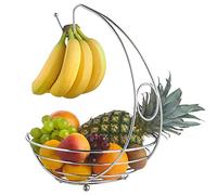 Glow Fruit Basket with Banana Holder - Stylish Premium Chrome Home Kitchen 2 in 1 Large Wide Wire Frame Display Fruit Bowl Basket with Banana Hanging Hanger Tree Hook and Round Worktop Safe Feet