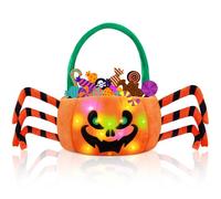 Glow Guards Halloween Pumpkin Spider Plush Basket with Handle, 10 x 11 Inch, Luminous Candy Bucket, Glow in the Dark Gift Baskets for Party Supplies, Kids Gift Bags for Halloween