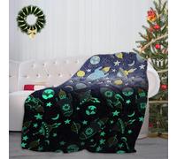 Glow in Dark Spaceship Blanket, 59×51 Inch Soft Flannel Fleece All Season Throw Blanket with Cute Pattern for Christmas Kids Gift (Blue-Space)