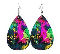 Glow In Dark Splatter Neon Leather Earrings For Women Faux Leathe Water Drop Earrings Vintage Lightweight Dangle Earrings Jewelry For Women