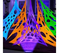 Glow in The Dark 1500 Sqft 4 Colors Uncut Giant Spider Web Halloween Decorations Outdoor with 1 Black Light &10 Ground Nails Stretchy Beef Cloth Netting DIY Flexible Elastic for Yard Party Decor