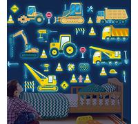 Glow in The Dark Construction Vehicles Wall Stickers Transport Cars Theme Fluorescent Stickers Peel and Stick Road Signs Truck Wall Art Decals for Kids Boys Bedroom Playroom Baby Nursery Blue