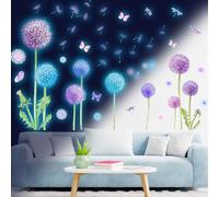 Glow in The Dark Dandelion Wall Stickers Colorful Dandelion Flower Butterfly Fluorescent Stickers Luminous Flying Floral Wall Decal for Kids Girls Bedroom Nursery Wall Decor Blue