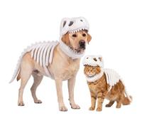 Glow in The Dark Dog Dinosaur Costume, Soft Plush Cat Halloween Skeleton Outfit, Easy Slip-On Pet T-Rex Apparel for Small Medium Large Breeds, Funny Holiday Party Cosplay (White(Fluo),S(25cm))
