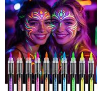Glow in The Dark Face Paint Markers, 10 UV Neon Colours, Waterproof & Sweatproof, Skin-Safe Body Temporary Tattoo Pens, Washable Tattoo Markers for Halloween, Music Festivals, Raves, Parties