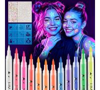 Glow in the Dark Face Paint Pens, 12 Colors Neon UV Body Paints mit 3 Diamond Stickers and 3 Stencils, Smudge-Proof Tattoo Markers, Washable Neon Face Paint Markers for Adults Halloween Makeup Party