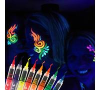 Glow in the Dark Face Paint Pens 8 Colors Neon Temporary Tattoo Markers Glow Under UV Light Body Painting Markers Waterproof Quick Drying Long for Adults Kids Halloween Cosplay Paints Stocking Fillers