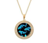 Glow in The Dark Fish Round Pendant Necklace Diamond Edging Brilliant Personalized Jewelry Gifts for Women Golden-style