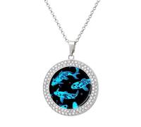 Glow in The Dark Fish Round Pendant Necklace Diamond Edging Brilliant Personalized Jewelry Gifts for Women Silver-style