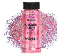 Glow in The Dark Glitter 100g Pink Luminous Chunky Mix - Holographic Cosmetic Glitter for Epoxy Resin, Face, Body, Nails, Halloween, Crafts and Tumbler Decoration