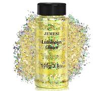 Glow in The Dark Glitter 100g Yellow Luminous Chunky Mix - Holographic Cosmetic Glitter for Resin, Face, Body, Nails, Halloween, Crafts and Tumbler Decoration
