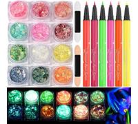 Glow in the Dark Glitter Gel with UV Neon Liquid Eyeliner Pen Set for Body Face Hair Eye, Makeup Kit for Rave Accessories Party Halloween Anime Cosplay Concerts Festival Carnival Face Paint