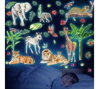 Glow in The Dark Jungle Animals Wall Decals,Glowing Luminous Safari Animals Wall Stickers Removable self-Adhesive Forest Tiger Elephant Palm Trees Decals for Boys Girls Bedroom Kids Nursery Living