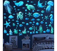 Glow in The Dark Ocean Fish Wall Stickers, Sea Wall Stickers Vinyl Sea Life Wall Decals Removable Waterproof for Boys Kids Bedroom Bathroom Watercolor.