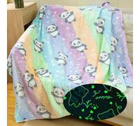Glow in The Dark Panda Pattern Flannel Blanket - Super Soft Rainbow Cozy Throw for Girls Kids Teens, Lightweight, Cute Bedding for Home Bedroom Sofa Couch Gift 50x60 Inches