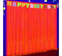 Glow in The Dark Party Supplies, 2 Pack Fluorescent Metallic Tinsel Foil Fringe Curtains, 3.3x6.6 ft Neon Backdrop Streamers for Birthday Party, Black Light Party Decor, Orange