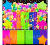 Glow in The Dark Party Supplies Kit - Neon Birthday Decorations with Balloon Garland Arch, Fluorescent Tinsel Curtains, Star Swirls, Cake Toppers & Table Skirt (100+ Pieces)