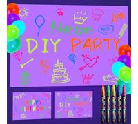 Glow in the Dark Party Supplies - Let's Glow Photography Background Set Include 2 White Graffiti Papers and 5 Fluorescent Colored Pens for Neon Party Decorations, 3.9 x 5.9 ft