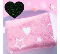 Glow in The Dark Pink Cute Love Throw Blanket with Storage Bag, Soft Throw Blankets, Gifts for Children Ages 1-10, Girls Kids Blanket, Day Care Home Office Travel Use, Pink