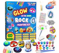 Glow in The Dark Rock Painting Kit for Kids - 8 Rocks for Painting, 18 Paints (Metallic & Standard), Glitter Glue, Gem & Transfer Stickers, Googly Eyes, Brushes & Palette - Arts & Crafts Gift Ages 3+