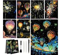 Glow in The Dark Scratch Art for Teens & Adults, Magic Rainbow Engraving Scraping Painting Scratchboard Paper(A4) Creative Crafts Set: 8 Sheets Scratch Cards with 4 Tools (Fireworks/Hot air Balloons)