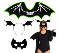 Glow in the Dark Skeleton Bat Wings with Eye Mask Headband, Halloween Costumes Accessories Set for Adult Women Men Kids, Light Up Purple Green LED Trick or Treat Party Supplies (Green, Adult)