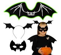 Glow in the Dark Skeleton Bat Wings with Eye Mask Headband, Halloween Costumes Accessories Set for Adult Women Men Kids, Light Up Purple Green LED Trick or Treat Party Supplies (Greenkids, Kids)