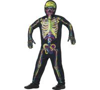 Smiffys Glow in the Dark Skeleton Costume, Multi-Coloured with Bodysuit, Mask & Gloves, Halloween Child Fancy Dress, Skeleton Dress Up Costumes