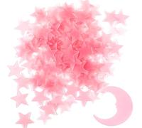 Glow in The Dark Stars,100 Stars & 1 Moon Pink Glowing Wall Stickers with Adhesive Pads, Plastic Luminous Fluorescent Ceiling Decor, 3D Glowing Star for Kids Room Decor, Christmas Stocking Stuffers