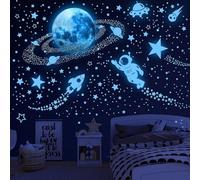 Glow in The Dark Stars and Planet Wall Stickers,Galaxy Astronaut Rocket Spacecraft Alien Decoration,Planet Wall Decals,Bright Solar System Wall Stickers for Kids, lanets Spaceship Stars Blue