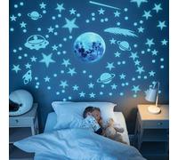 Glow in The Dark Stars Ceiling Planet Wall Stickers, Glow Stars Wall Decals, Rocket Planets Space Wall Stickers for Kids, Perfect for DIY Kids Bedroom Nursery Living Room (Blue Light)