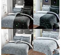 Glow in the Dark Stars Teddy Fleece Reversible Bedding Set Soft Super Cosy and Warm, Easy Care, Boys Girls Grey Kids Duvet Cover with Pillowcase (Space, Single)