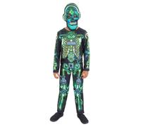 Glow in the Dark Tech Skeleton Costume Halloween Kids Gamer Fancy Dress Outfit