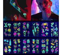 Glow in the Dark Temporary Tattoos, CAYUDEN 12 Sheets Neon Temporary Tattoos UV Face Makeup Fake Tattoos Glow Temporary Tattoos for Women Men Face Stickers Tattoos for Party Bages Festival Accessories
