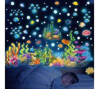 Glow in The Dark Under The Sea Wall Decals, Coral Reef Seaweed Ocean Fish Wall Stickers, Luminous Removable Underwater Sea Life Stickers for Kids Boys Nursery Bedroom Watercolor Ocean Creatures Decor