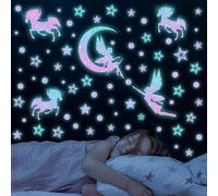 Glow in The Dark Unicorns Wall Decals Unicorns Stars Wall Stickers Blue Luminous Glow Stars Moon Ceiling Stickers Decor for Baby Girls Boys Bedroom Ceiling Nursery Room Decor