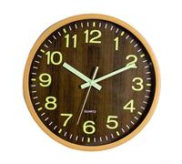Glow in the Dark Wall Clock 30cm Silent Sweep Non Ticking Wood Grain Glass Mirror Face Dust Proof Battery Powered Living Room Bedroom Office(A)