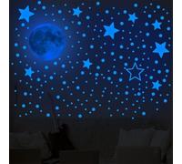 Glow In The Dark Wall Stickers Moon And Stars Luminous PVC Decals Self-Adhesive Easy Remove Waterproof Blue Fluorescence For Kids Bedroom Nursery Playroom 7.8x10.6 Inch