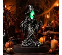 Glow in the Dark Witch Statue, Spooky Resin Figurine for Shelves | Glow in the dark resin witch statue with tree root details and ravens, a spooky decor piece for Halloween and gothic displays