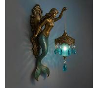 Glow Mermaid Wall Lamp, Vintage Mermaid Bracket Light, Glass Mirror Front Lights Fixture Bedroom Beside Wall Light with Mermaids Lamp Arm, Art Deco Walls Sconce (A)