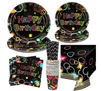 Glow Neon Birthday Party Supplies - Glow in The Dark Theme Decoration Happy Birthday Plates Cup, Colorful Tablecloth Napkins, Paper Straws for Blacklight Neon Party Decorations, Serves 16 Guests