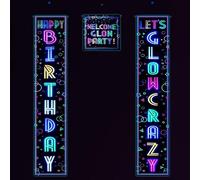 Glow Neon Party Decorations - Glow in the Dark Theme Happy Birthday Door Banner, Let's Glow Crazy Glow Porch Sign, Blacklight Photography Backdrop Decor for Neon Party Supplies