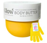 Glow Nourishing Body Butter 200ml & Exfoliating Bath Gloves Set | Firming Moisturiser for Supple & Smooth Skin | Scented Body Cream, Dry Skin, Shower Mitts, UK Made (Vanilla Almond & Salted Caramel)