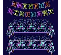 Glow Party Decorations - Neon Birthday Tablecloth, Rectangular Fluorescent Plastic Table Cover, Neon Banner, Fluorescent Banner Decoration for Black Light Glow in The Dark Birthday Party Supplies