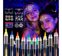 Glow Party Temporary Tattoo Markers - Neon UV Reactive Blacklight Face & Body Paint Pens with Fluorescent Tattoo Stickers